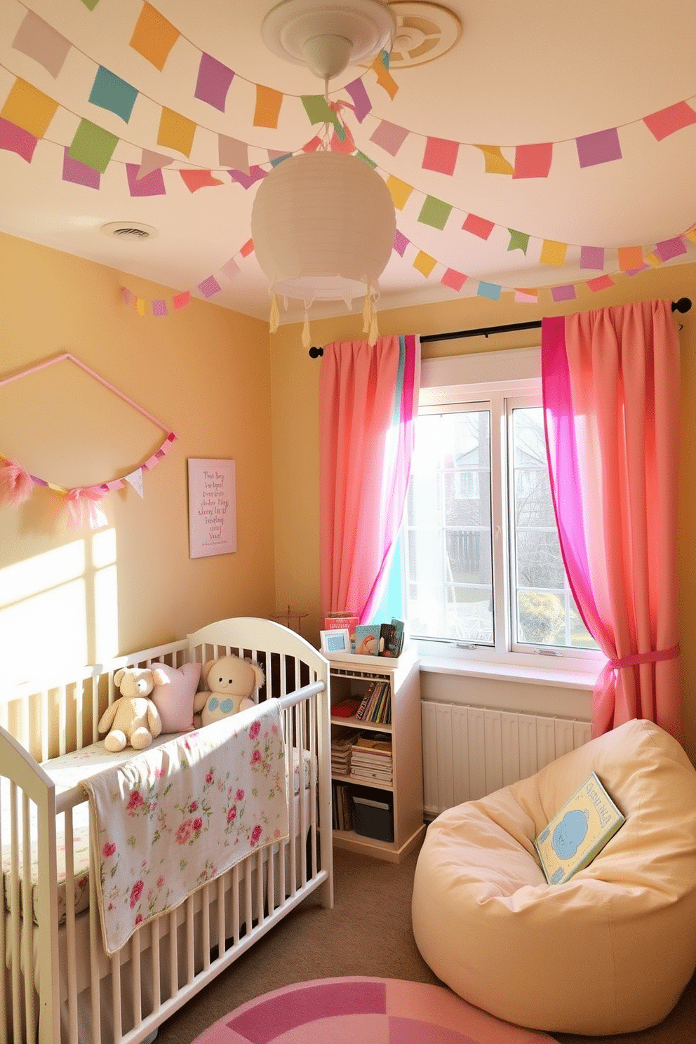 A charming spring nursery decorated with pastel bunting and colorful garlands hanging from the ceiling. The walls are painted in soft yellow, and a cozy crib is adorned with a floral quilt and plush toys. A playful reading nook features a small bookshelf filled with children's books and a comfy bean bag chair. Brightly colored curtains frame the window, allowing natural light to fill the space and create a cheerful atmosphere.