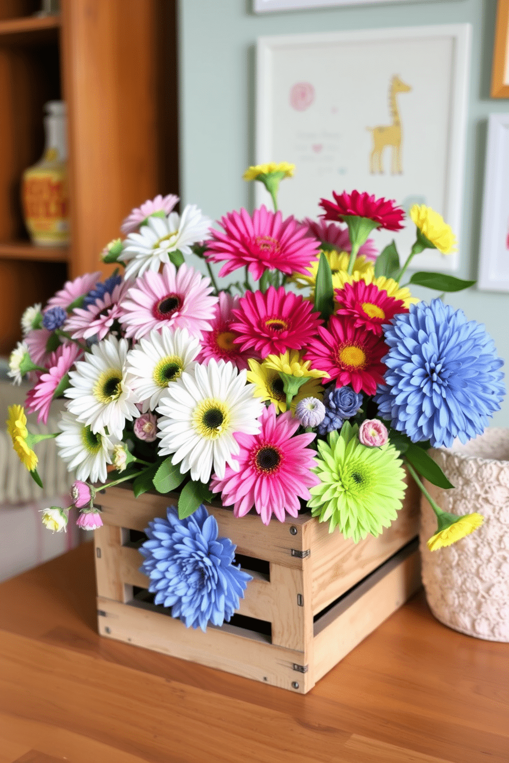 A charming DIY flower display featuring an assortment of colorful blooms arranged in a rustic wooden crate. The vibrant flowers bring a lively touch to the nursery, enhancing the cheerful atmosphere. For spring nursery decorating ideas, incorporate pastel-colored accents and playful wall art. Soft, plush textiles and whimsical decor elements create a cozy and inviting space for little ones.