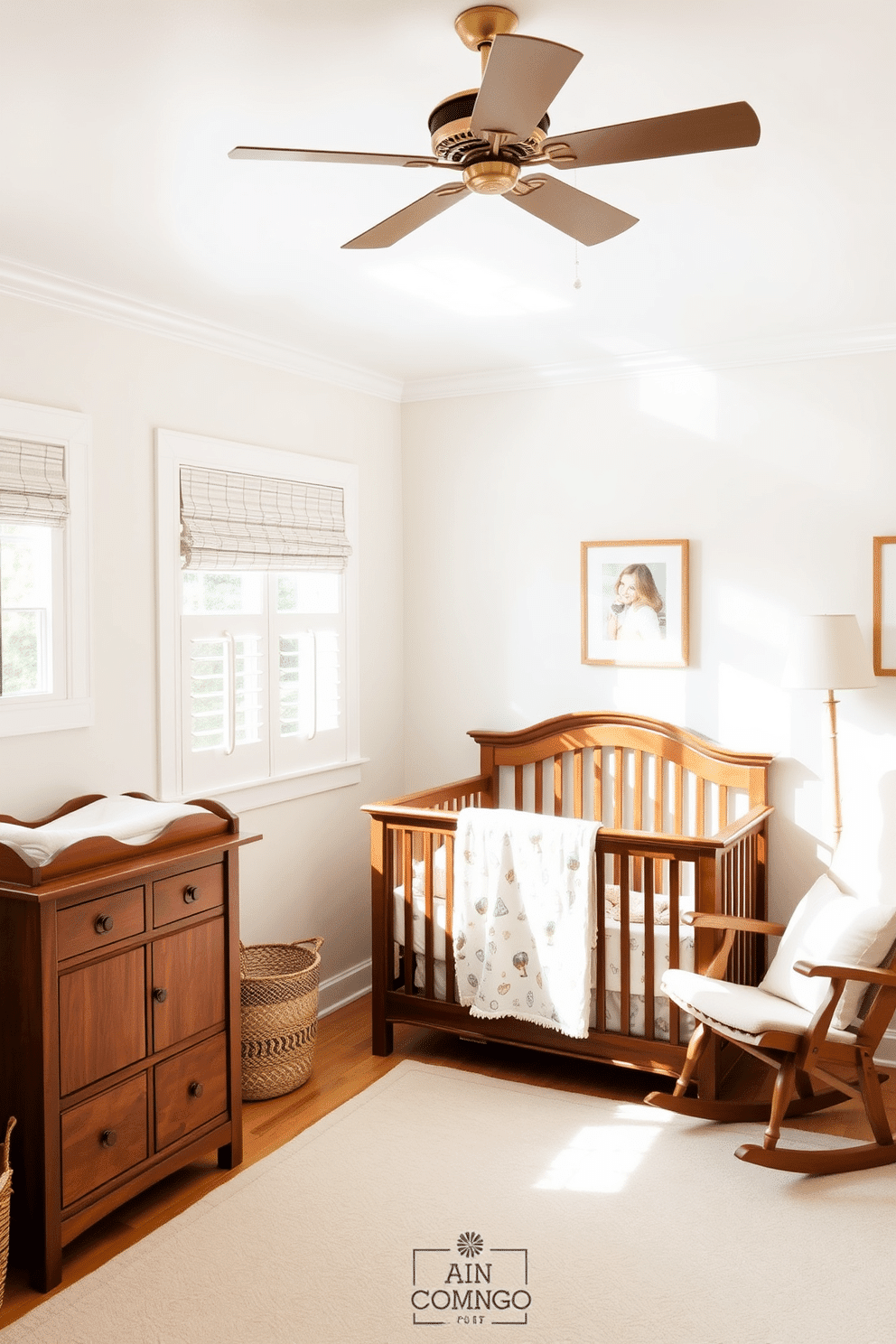 A cozy nursery filled with natural light. The walls are painted in a soft pastel color, and wooden accents create a warm atmosphere throughout the space. A wooden crib is the centerpiece, adorned with plush bedding in cheerful patterns. Nearby, a changing table with wooden details complements a comfortable rocking chair, inviting moments of bonding.