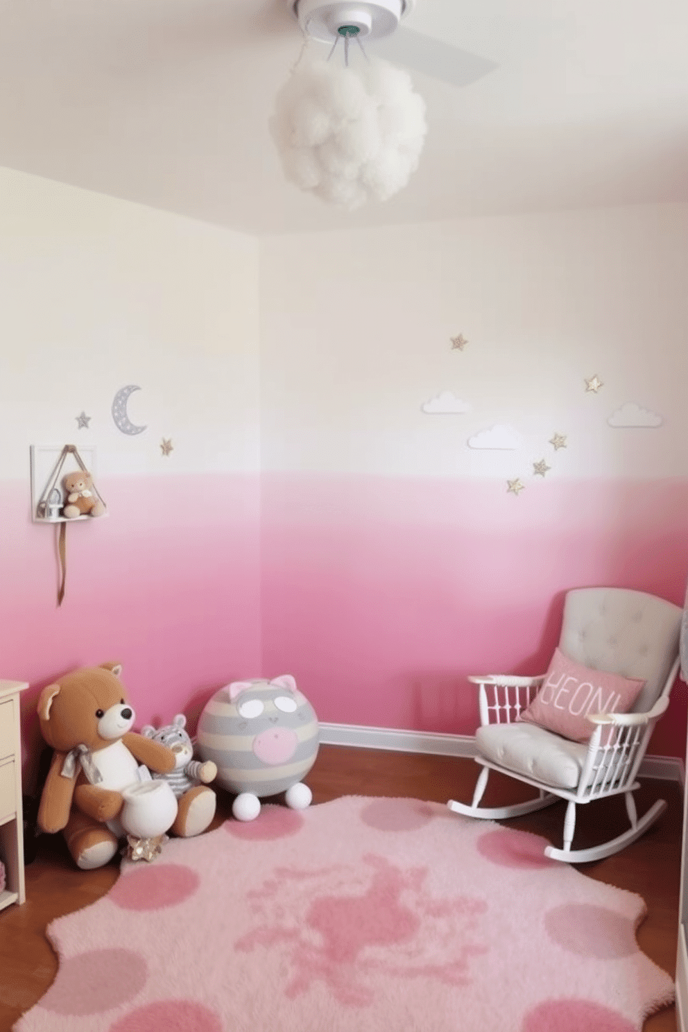 Ombre painted walls transition from soft pastel pink at the bottom to a gentle white at the top, creating a whimsical and playful atmosphere. The room is filled with plush toys and a cozy rocking chair, inviting comfort and joy for both parents and their little ones. Decorative elements include cheerful wall decals of clouds and stars, adding a touch of whimsy to the nursery. A soft area rug in complementary colors provides a warm space for playtime, enhancing the overall cheerful vibe of the room.