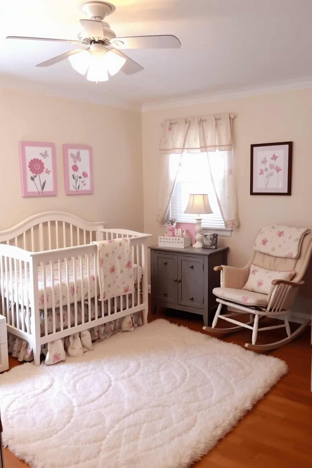 A cozy nursery adorned with floral patterned bedding that brings warmth and charm to the space. Soft pastel colors dominate the room, creating a serene atmosphere perfect for a springtime theme. The walls are painted in a gentle cream hue, complemented by whimsical wall art featuring flowers and butterflies. A plush area rug in a coordinating shade adds comfort underfoot, while a comfortable rocking chair invites relaxation.