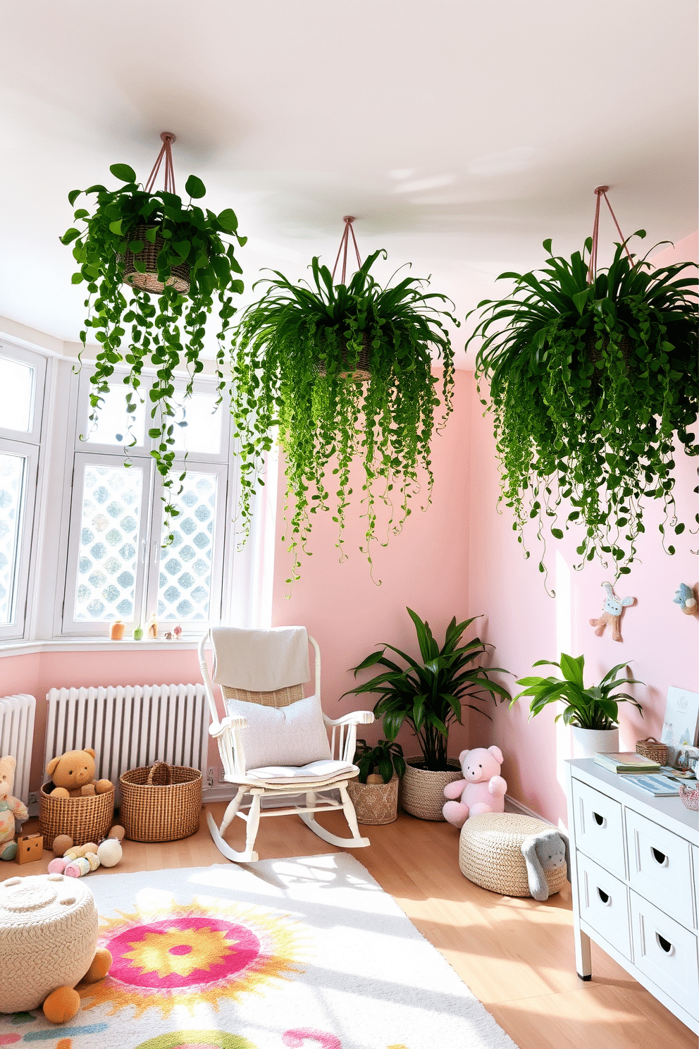 A bright and airy nursery filled with natural light. The walls are painted in a soft pastel hue, and the ceiling features a whimsical cloud pattern. Lush hanging plants cascade from the ceiling, adding a vibrant touch of greenery. A cozy rocking chair sits in the corner, surrounded by plush toys and a colorful area rug.