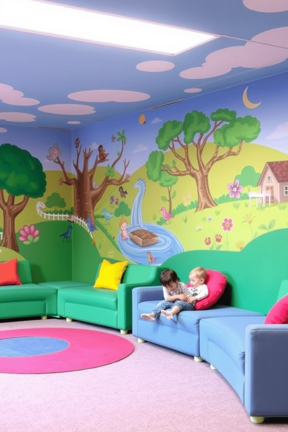 Colorful wall murals depicting whimsical scenes of nature and fantasy create a vibrant atmosphere in the playroom. Soft, plush seating in bright colors complements the murals, inviting children to relax and play in a cheerful environment.