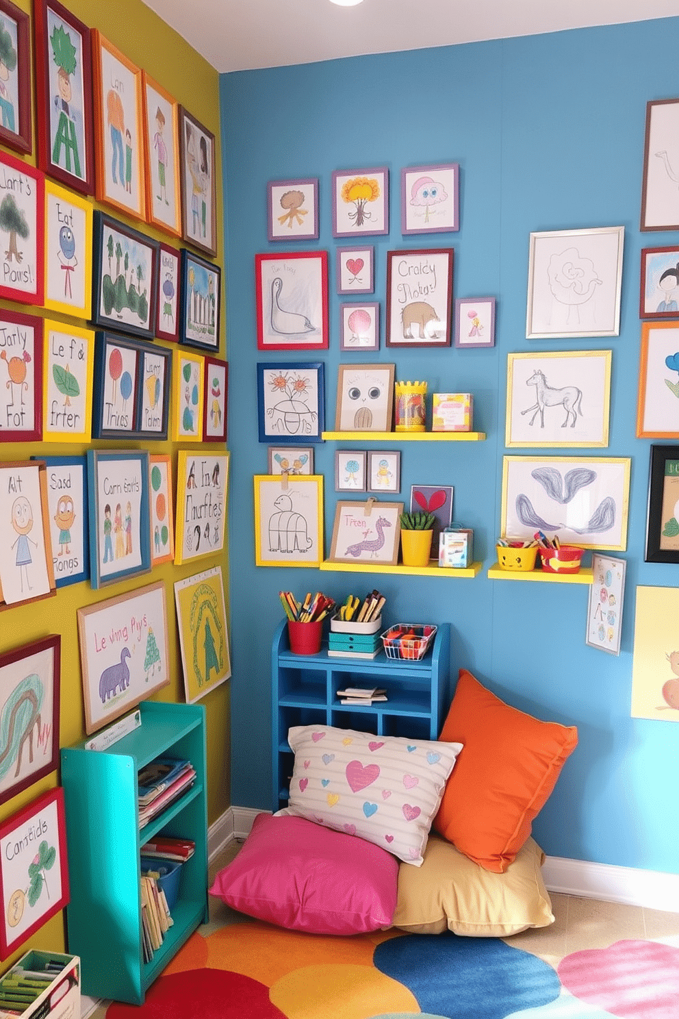 A vibrant art display area filled with colorful children's creations. The walls are adorned with various framed drawings and paintings, showcasing the imaginative artwork of kids. Brightly colored shelves hold art supplies and crafts, inviting creativity and play. A cozy reading nook with plush cushions and a small bookshelf adds a warm touch to the playful atmosphere.