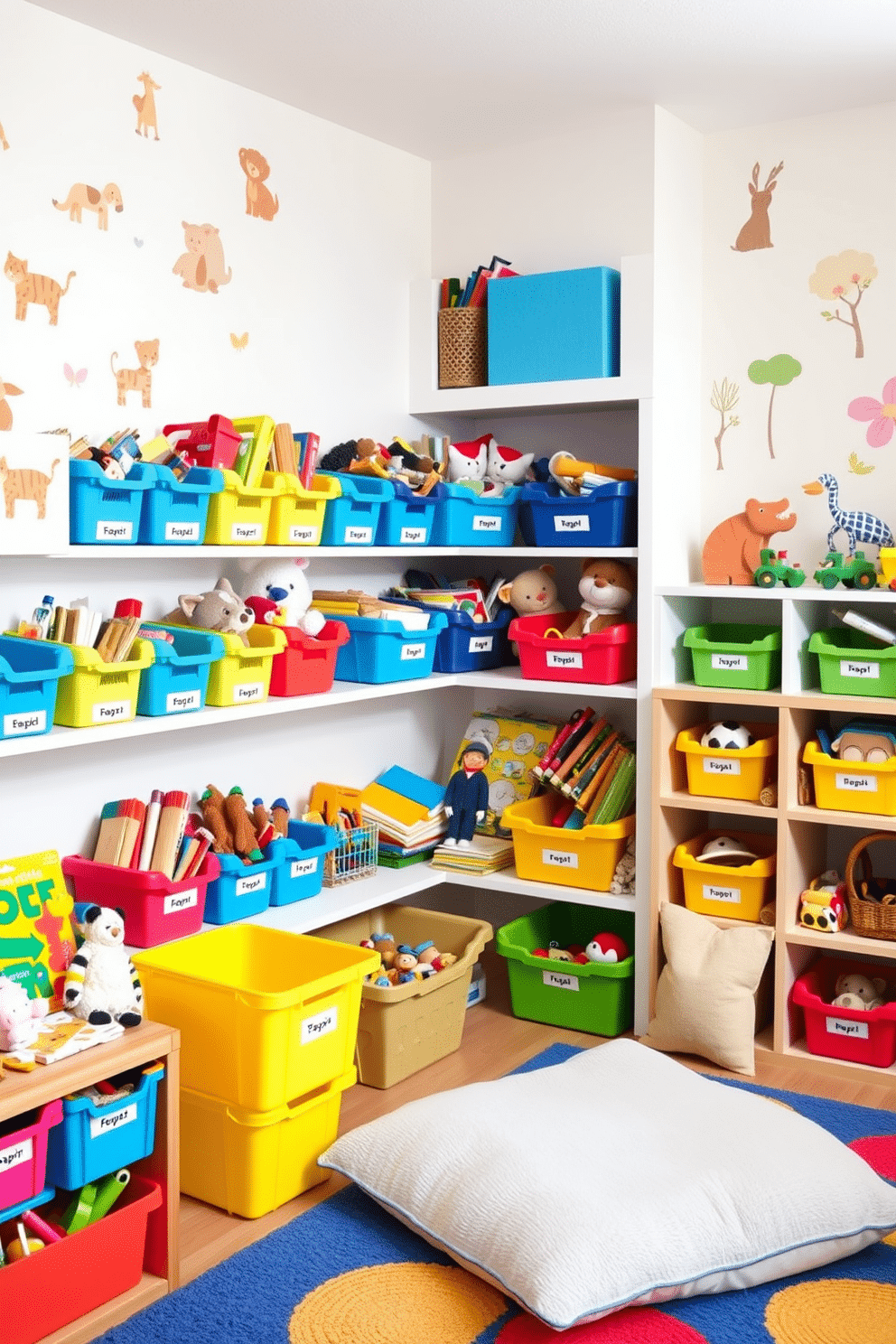 A vibrant playroom filled with colorful bins for toy organization. Each bin is labeled and arranged neatly on open shelves, creating a cheerful and functional space for children to play and learn. The walls are painted in soft pastel colors with playful wall decals of animals and nature. A cozy reading nook with plush cushions and a small bookshelf adds a welcoming touch to the lively atmosphere.