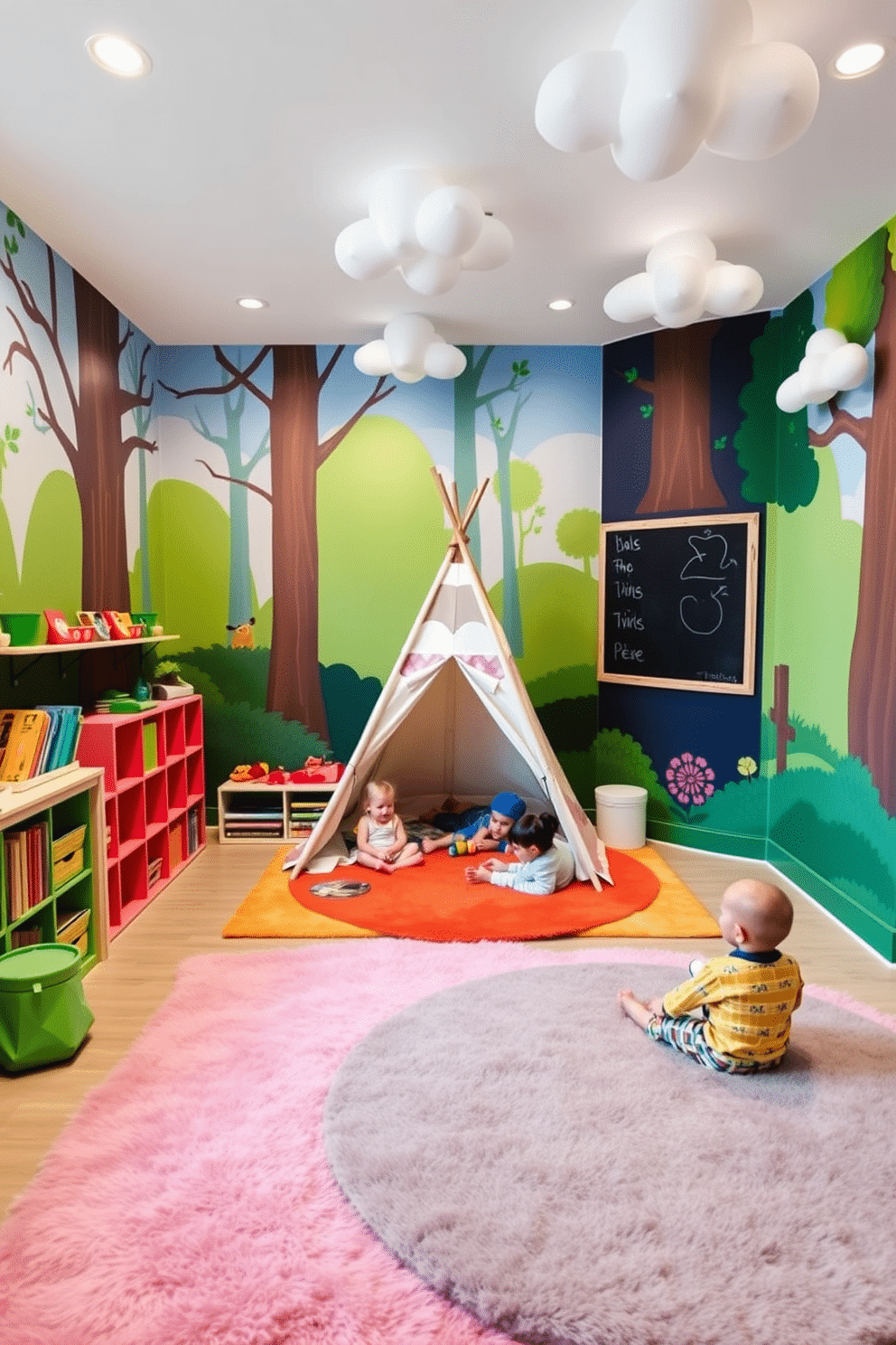 A vibrant playroom designed for imaginative play features a whimsical theme with colorful wall murals depicting a magical forest. Soft, plush rugs in bright colors cover the floor, providing a cozy area for children to sit and explore. In one corner, a large teepee tent invites children to create their own adventure space, surrounded by shelves filled with books and toys. A chalkboard wall allows for creative expression, while playful lighting fixtures shaped like clouds add a touch of enchantment.