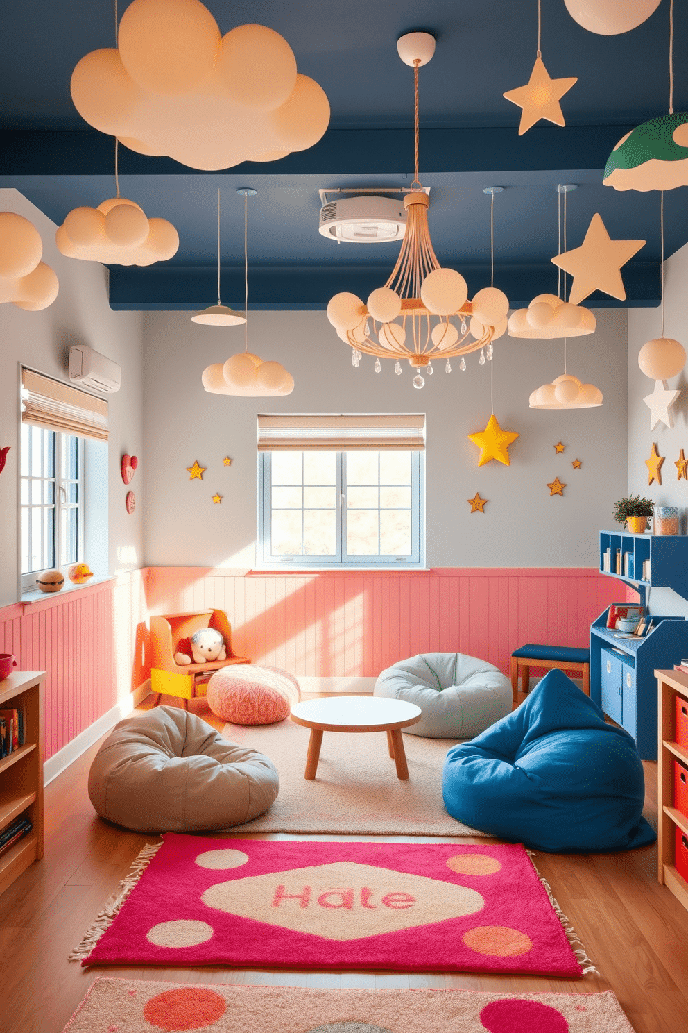 A bright and cheerful playroom filled with whimsical light fixtures that resemble playful shapes like clouds and stars. The walls are painted in soft pastel colors, and colorful rugs are scattered across the floor to create a cozy and inviting atmosphere. In one corner, a whimsical chandelier hangs from the ceiling, casting a warm glow over the space. Fun, oversized cushions and bean bags are arranged around a low table, encouraging creativity and play.