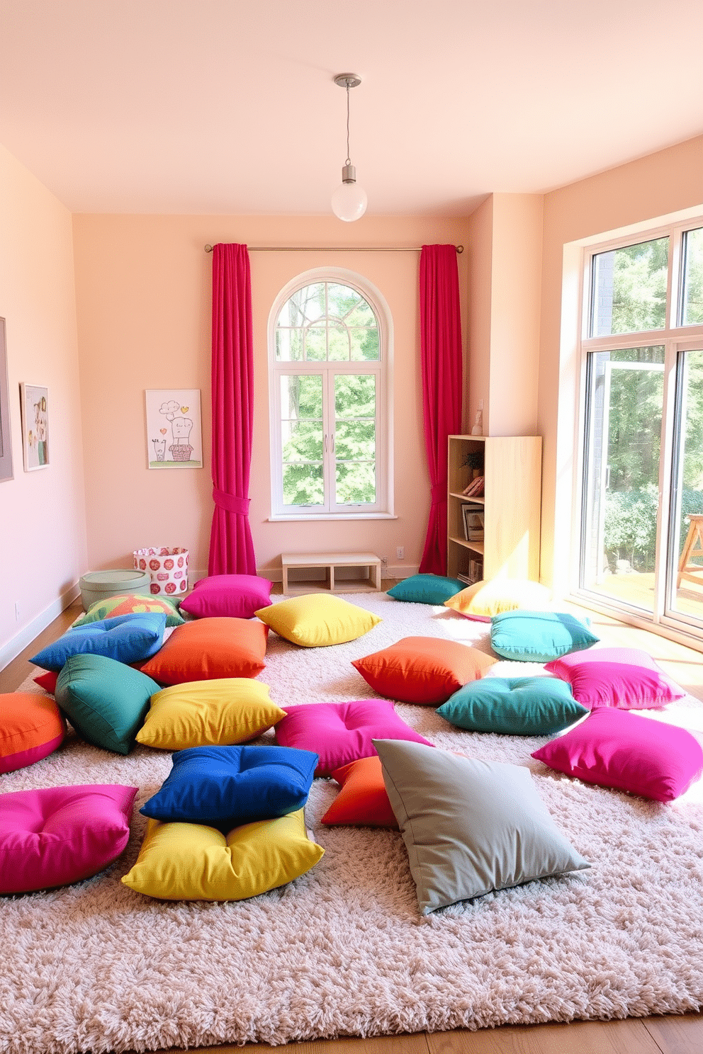 A vibrant playroom filled with colorful floor cushions scattered across a soft, plush rug. The walls are painted in cheerful pastel hues, and playful artwork adorns the space, creating an inviting atmosphere for children to relax and play. The cushions come in various shapes and sizes, providing flexible seating options for kids to lounge or gather in groups. Natural light floods the room through large windows, enhancing the playful decor and making it a perfect spot for creative activities.