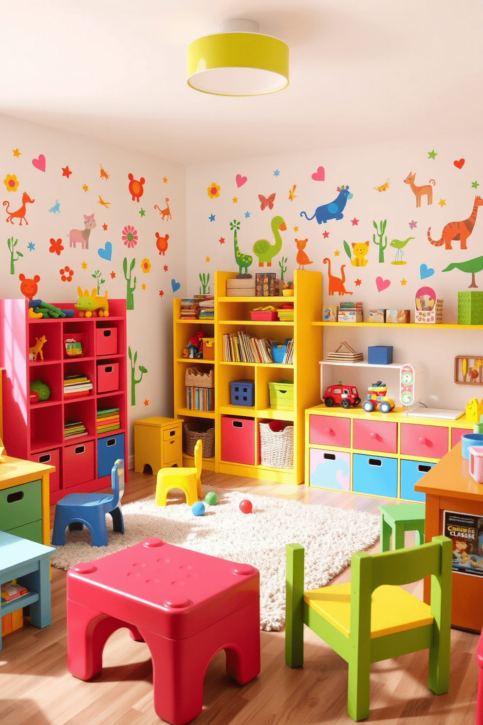 A vibrant playroom filled with energy and creativity. The walls are adorned with colorful wall decals featuring playful animals and whimsical shapes, creating a cheerful atmosphere. Brightly colored furniture complements the decor, including a soft rug for playtime. Shelves are filled with toys and books, encouraging imagination and fun.