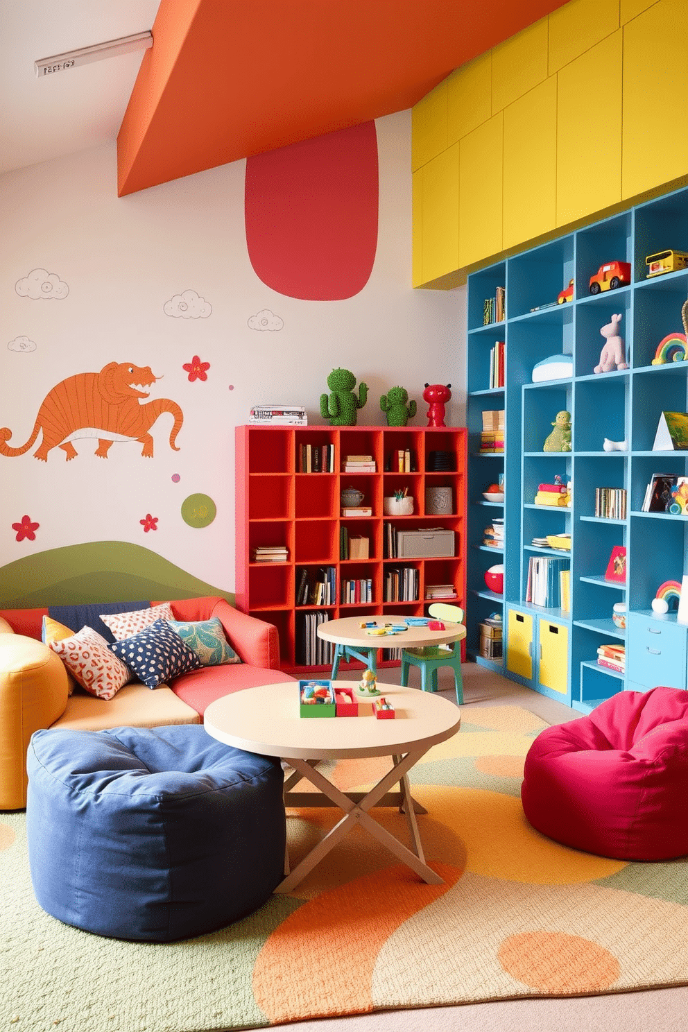 A vibrant playroom filled with multi-functional furniture designed for space-saving. A colorful modular sofa doubles as storage for toys and games, while a foldable table provides a creative workspace for art and crafts. Walls are adorned with playful murals and bright shelving units display books and toys. Soft, durable rugs define play areas, and bean bags offer comfortable seating for kids.