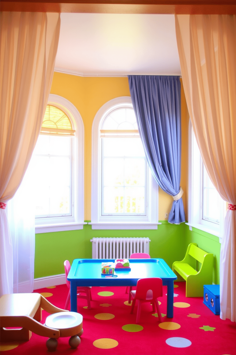 Bright curtains frame the windows, allowing natural light to flood the cheerful space. The playroom features a vibrant color palette with playful patterns, creating an inviting atmosphere for children to explore and play.