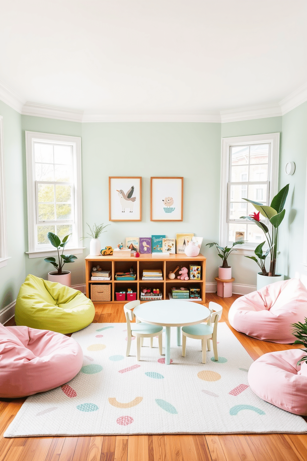 A cheerful playroom filled with natural light. The walls are painted in soft pastel shades of mint green and pale pink, creating a serene atmosphere. Colorful bean bags are scattered around the room, providing cozy seating areas. A whimsical area rug with playful patterns covers the hardwood floor, adding warmth and comfort. A low wooden shelf holds an assortment of toys and books, easily accessible for little hands. Above the shelf, framed artwork featuring cheerful animals and nature scenes adds a touch of whimsy to the space. A small table with pastel-colored chairs invites creative play and activities. Potted plants in pastel pots are placed in the corners, bringing a touch of nature indoors.