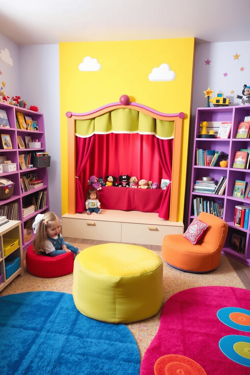 A vibrant playroom designed for storytelling features a whimsical puppet theater painted in bright colors, positioned against one wall. Plush seating in cheerful hues invites children to gather around for imaginative performances, while playful wall decals of clouds and stars enhance the enchanting atmosphere. The flooring is covered with soft, colorful rugs that provide a cozy space for play and creativity. Shelves filled with books and puppets are easily accessible, encouraging exploration and interactive storytelling adventures.