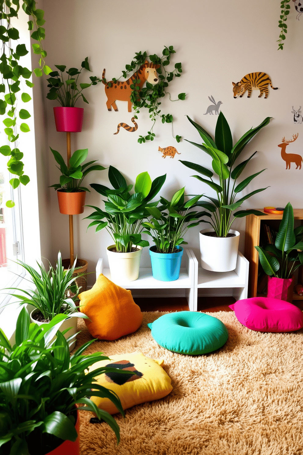 A vibrant playroom filled with nature-themed decor. Lush green plants are placed in colorful pots, and whimsical animal wall art adorns the walls. A soft, plush rug in earthy tones covers the floor, creating a cozy space for play. Brightly colored cushions shaped like animals invite children to sit and enjoy their surroundings.