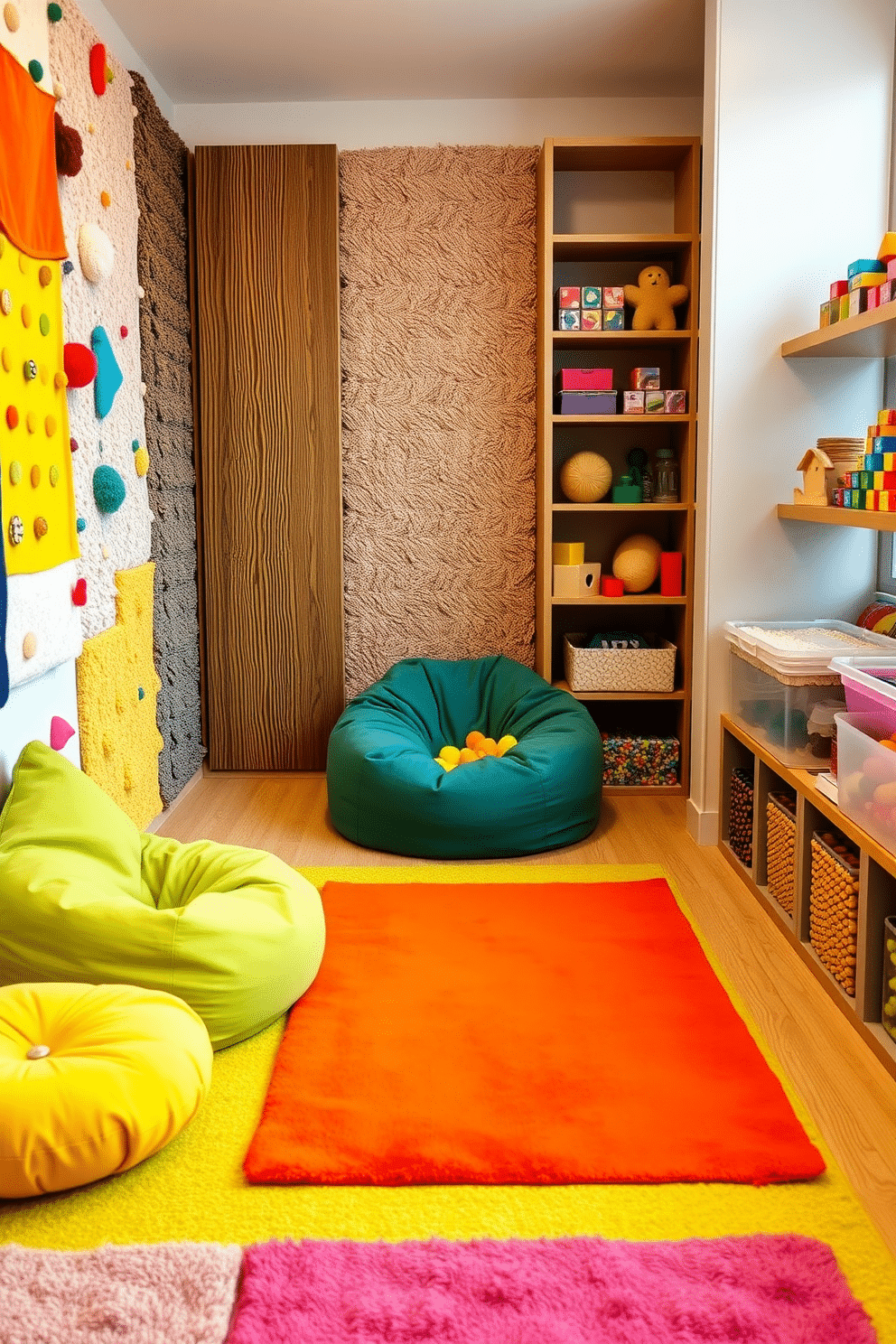 Create a sensory play area filled with various textures to stimulate children's curiosity and creativity. Soft rugs in bright colors cover the floor, while textured wall panels feature different materials like felt, wood, and fabric for tactile exploration. In one corner, a large bean bag chair invites relaxation and comfort. Shelves are lined with sensory toys, including squishy balls, textured blocks, and colorful sensory bins filled with rice and beans.