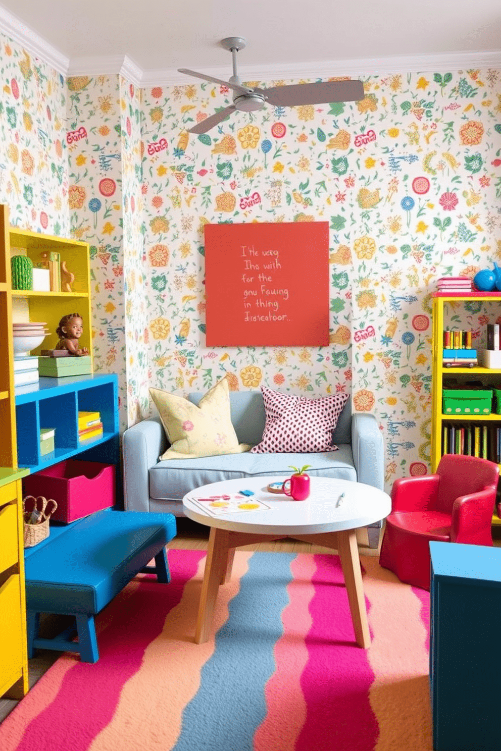 A vibrant playroom filled with energy and creativity. The walls are adorned with removable wallpaper featuring playful patterns that can be easily updated. Brightly colored furniture pieces, including a cozy reading nook with oversized pillows and a low table for arts and crafts. A soft area rug in cheerful hues anchors the space, inviting children to play and explore.