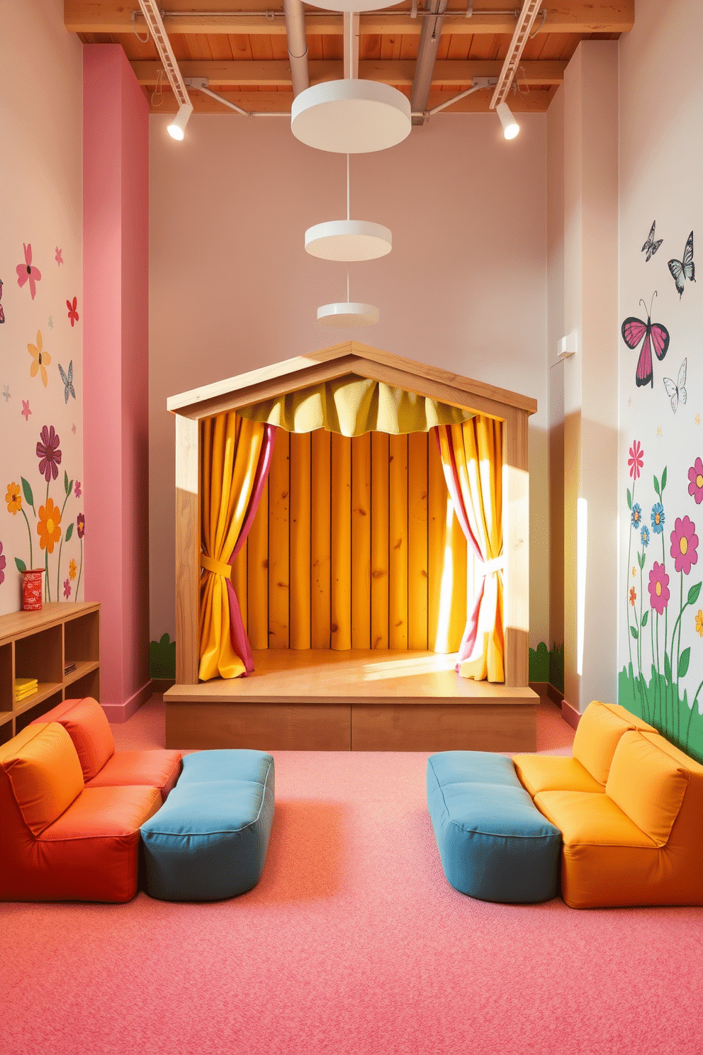 A vibrant playroom designed for springtime creativity. The space features a small wooden stage with colorful curtains, surrounded by playful wall art depicting flowers and butterflies. Soft pastel colors dominate the walls, creating a cheerful atmosphere. Plush seating in bright hues is arranged around the stage, inviting children to engage in imaginative performances.