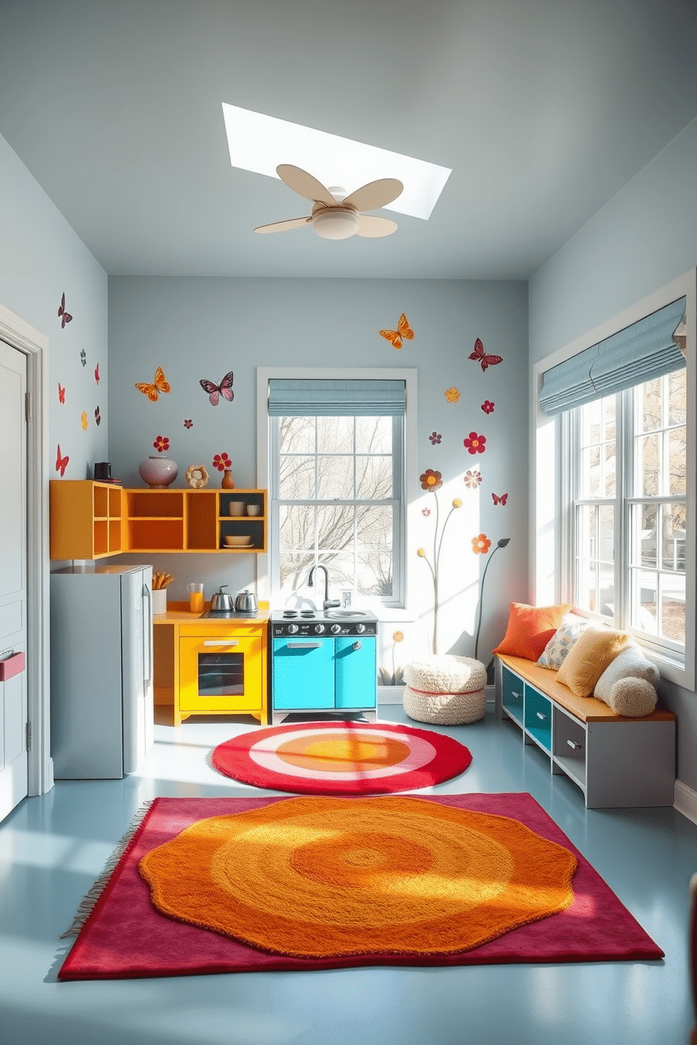 A vibrant playroom designed for springtime activities. The space features a mini kitchen setup with colorful cabinets, a small refrigerator, and a play stove, surrounded by cheerful wall decals of flowers and butterflies. Brightly colored rugs define the play area, while a cozy seating nook with plush cushions invites children to relax. Large windows allow natural light to flood the room, enhancing the playful atmosphere with fresh air and bright sunshine.