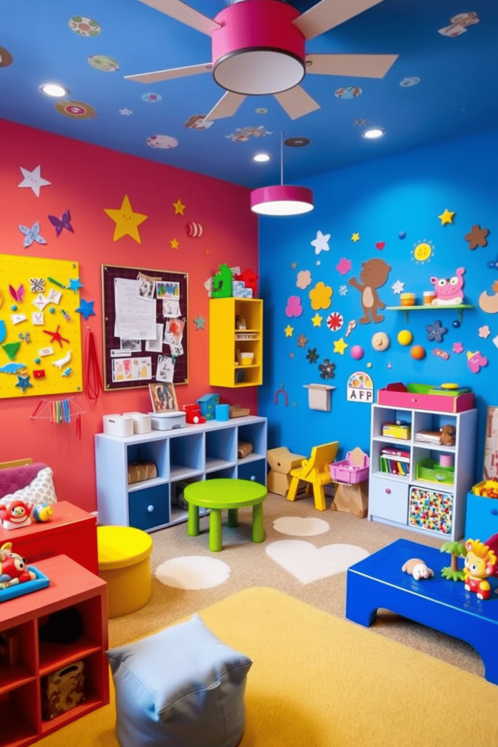 A vibrant playroom filled with creativity. The walls are adorned with a magnetic surface for displaying artwork and crafts. Brightly colored furniture pieces are scattered throughout the space, including a cozy reading nook with plush cushions. Fun and playful decor, such as whimsical wall decals and interactive toys, enhance the joyful atmosphere.