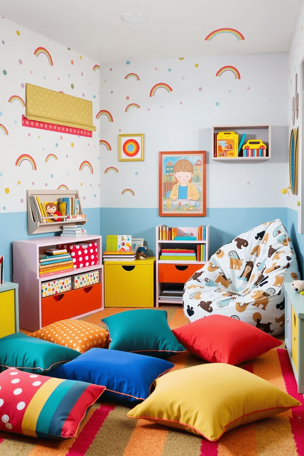 A vibrant playroom filled with playful patterns and bright colors. The walls are adorned with whimsical wallpaper featuring clouds and rainbows, while the furniture is upholstered in a mix of polka dots and stripes. A cozy reading nook is created with a large bean bag chair covered in a fun animal print. Colorful cushions scatter the floor, inviting children to sit and enjoy their favorite books.