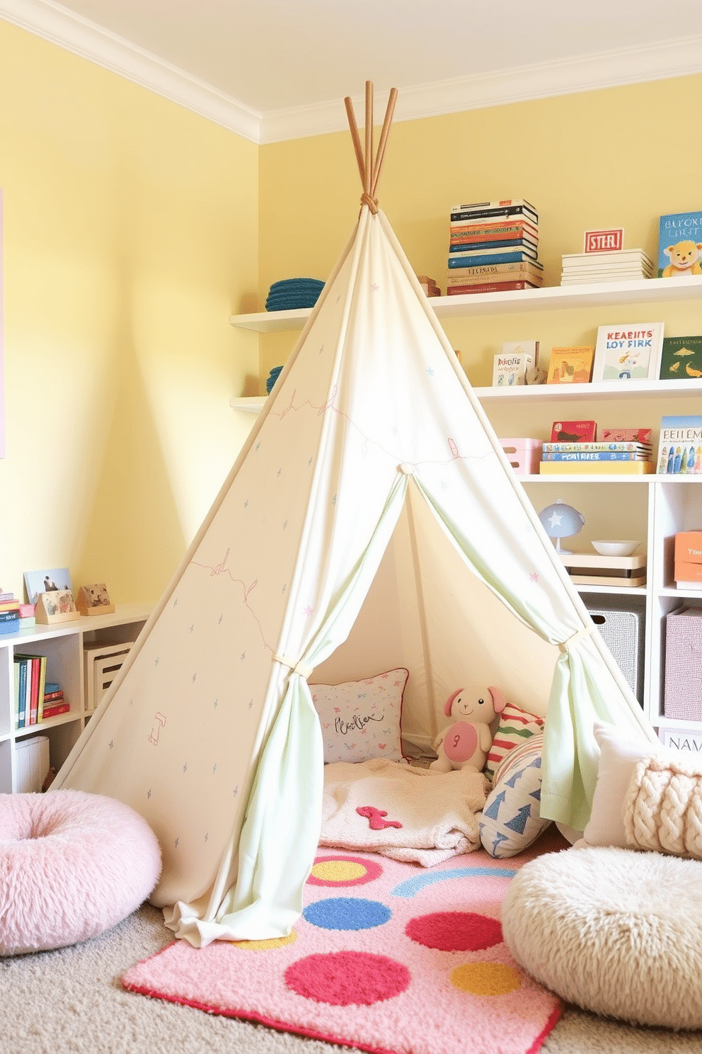 Create a cozy tent for imaginative play in a bright and cheerful playroom. The tent is made of soft, pastel-colored fabric and is adorned with playful patterns, inviting children to explore and create their own adventures. Surrounding the tent are plush cushions and a small, colorful rug that adds warmth to the space. The walls are painted in a light, sunny hue, and shelves filled with books and toys are easily accessible for endless fun.