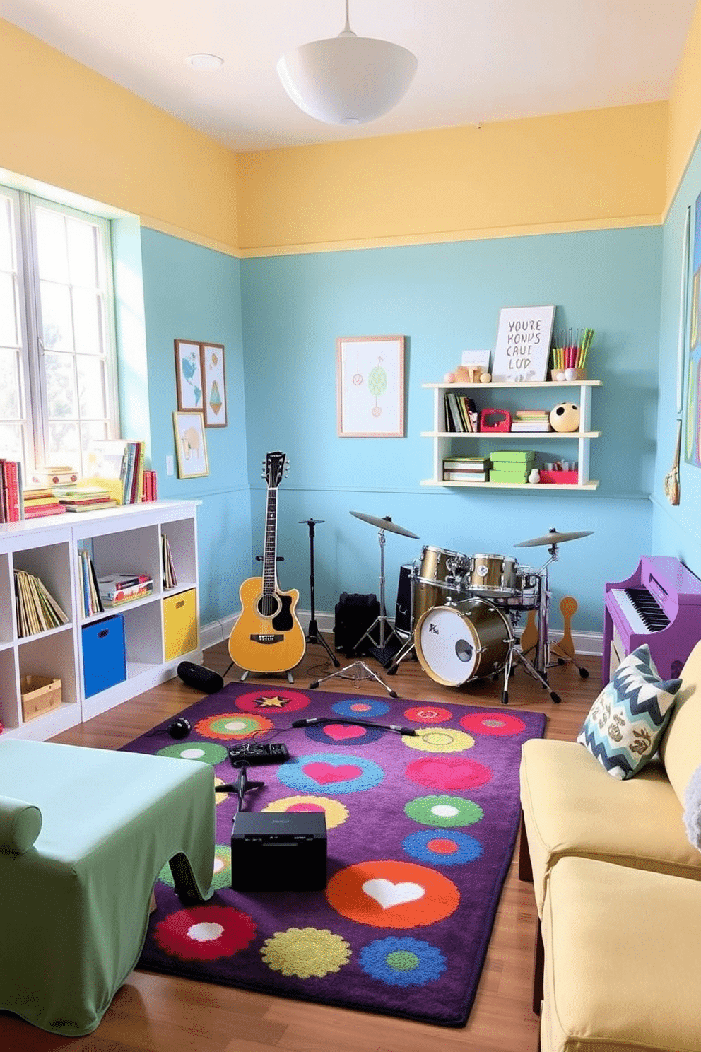 A vibrant playroom filled with natural light features a cozy musical corner. In this space, a colorful rug anchors a collection of instruments including a guitar, a keyboard, and a set of drums, inviting creativity and play. The walls are painted in cheerful pastel colors, adorned with playful artwork and shelves filled with books and toys. A spacious area is dedicated to soft seating, where children can relax and enjoy their musical activities.