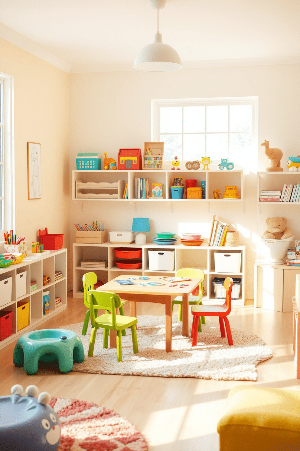 A bright and cheerful playroom filled with natural light. The walls are painted in soft pastel colors, creating a warm and inviting atmosphere. In the center of the room, a small wooden table is set up for crafts and games, surrounded by colorful chairs. Shelves lined with toys and art supplies add a playful touch, while a cozy rug provides a comfortable area for kids to sit and play.