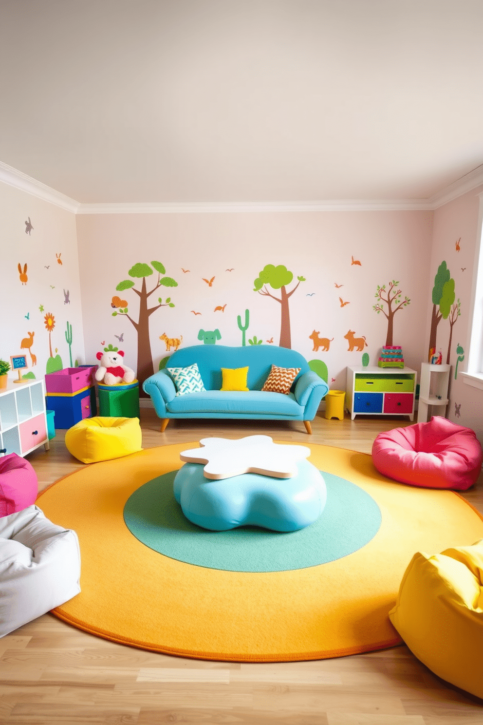 A vibrant playroom filled with playful furniture shapes. The room features a large circular rug in bright colors, with a whimsical cloud-shaped sofa and a star-shaped coffee table at the center. Colorful bean bags in various shapes are scattered around, inviting children to sit and play. The walls are painted in soft pastels, adorned with fun wall decals of animals and trees to create an imaginative atmosphere.