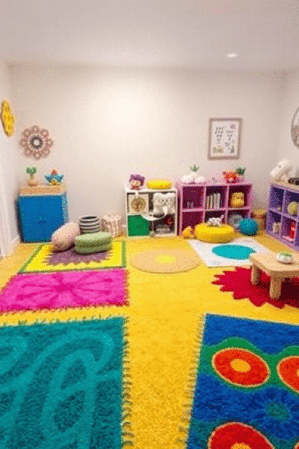 Bright rugs to define play areas. The room features a mix of vibrant colors with soft textures, creating a cheerful and inviting atmosphere for children to play. The walls are painted in a light pastel shade, enhancing the brightness of the space. Various playful decor elements, such as wall art and plush toys, complement the rugs and add to the overall playful theme.