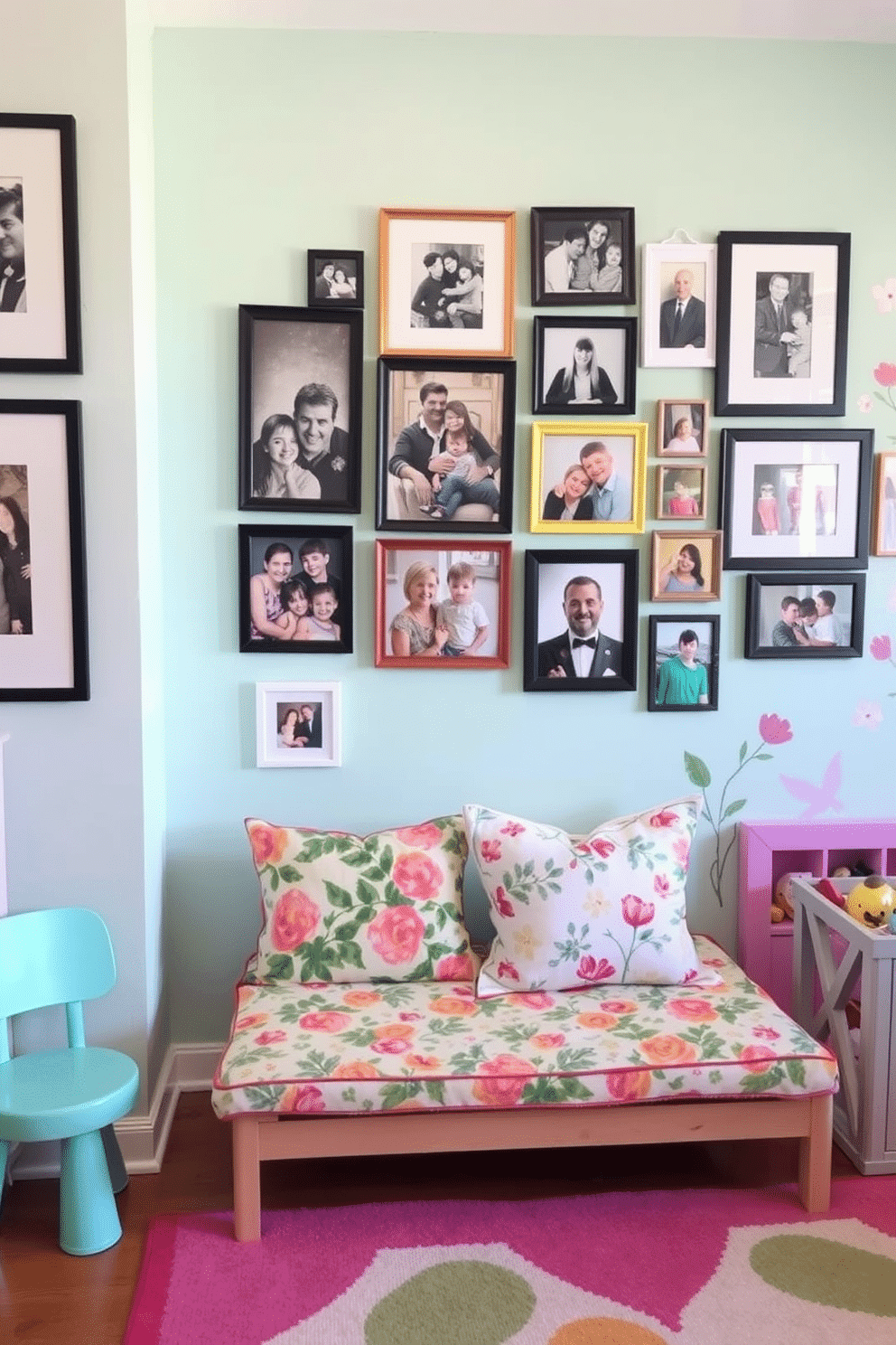 Create a gallery wall featuring an eclectic mix of family photos in various frames. The arrangement should include black and white images alongside colorful snapshots, creating a vibrant and personal display. Design a spring-themed playroom that incorporates bright pastel colors and playful patterns. Add elements like floral cushions, whimsical wall decals, and a cheerful rug to create an inviting and fun space for children.