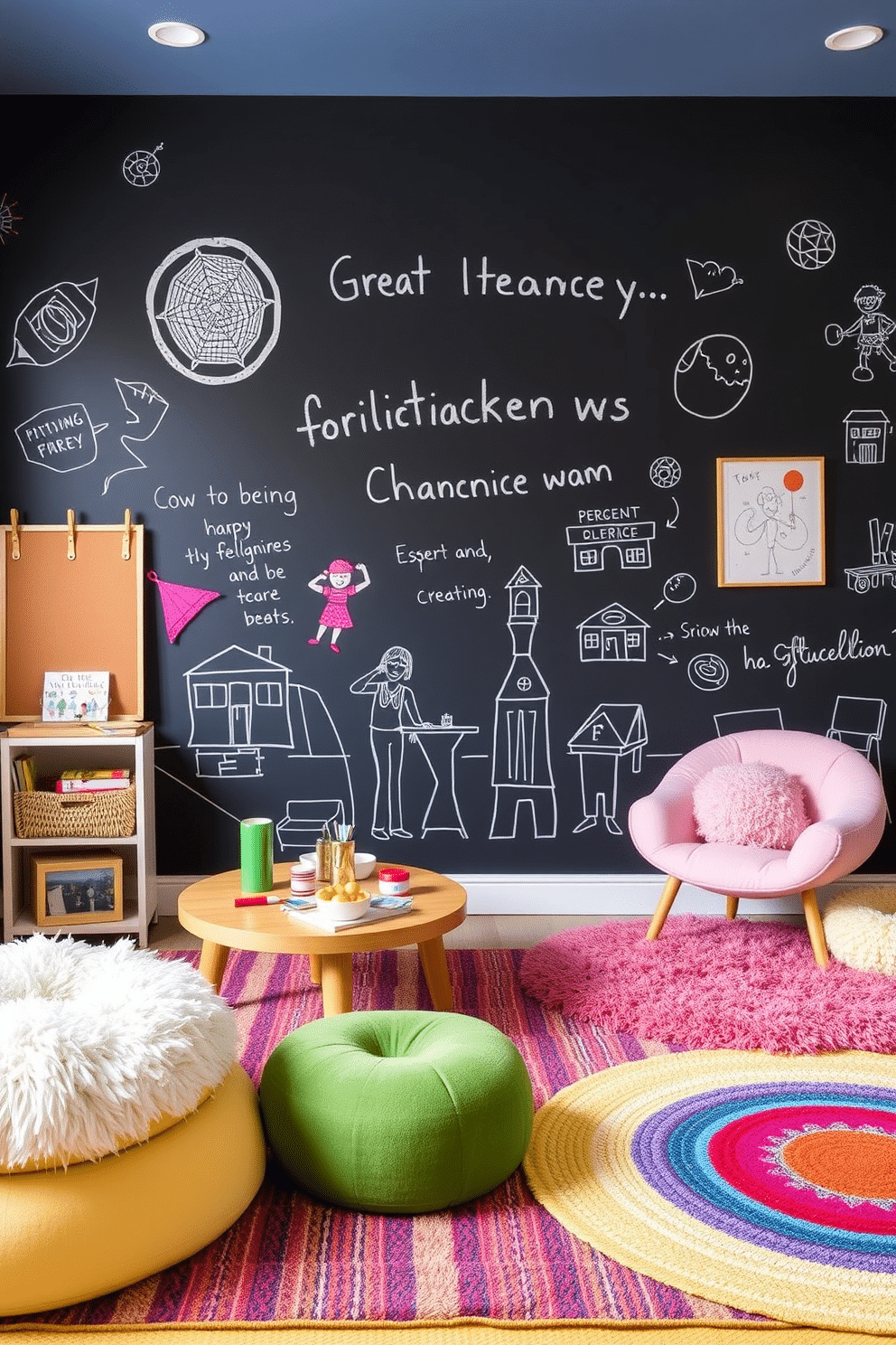 A vibrant playroom featuring an interactive chalkboard wall that encourages creativity and imagination. The space is filled with colorful rugs, plush seating, and playful decor that inspires children to engage in artistic activities.