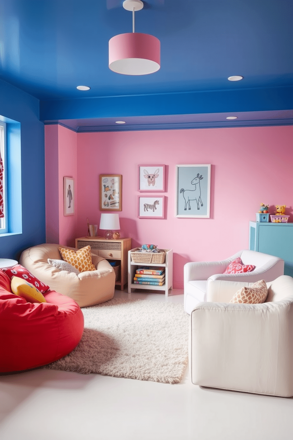 A cozy playroom designed for comfort and relaxation. The space features soft seating options like oversized bean bags and plush armchairs in pastel colors, perfect for lounging and playtime. Brightly colored walls adorned with playful artwork create a cheerful atmosphere. A soft area rug anchors the seating area, and vibrant cushions add extra comfort and style.