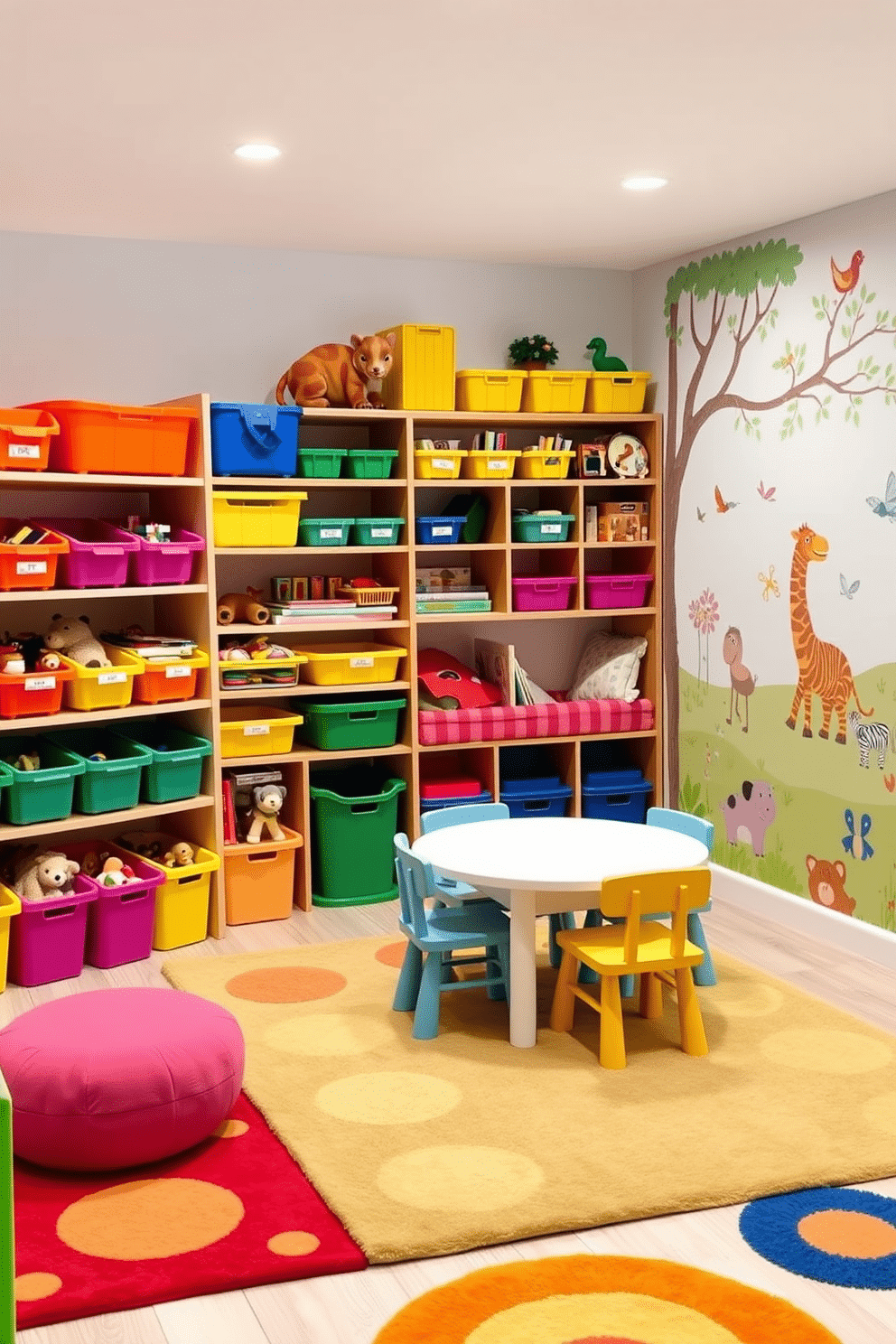 A bright and cheerful playroom filled with colorful toy storage solutions that are easily accessible for children. Shelves are lined with vibrant bins and baskets, each labeled for quick identification, while a cozy reading nook is tucked into one corner. The walls are adorned with playful murals of animals and nature, creating an inviting atmosphere. Soft rugs in various shapes and sizes provide comfort for playtime, and a small table with child-sized chairs encourages creativity and crafts.