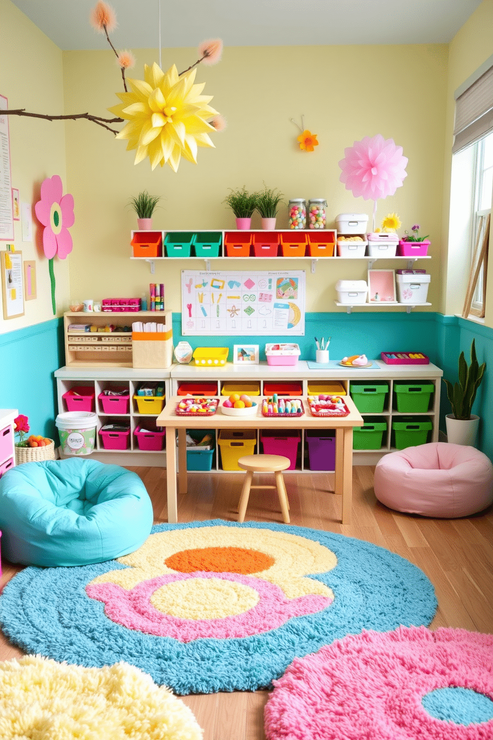 A vibrant playroom filled with spring-inspired decor. The craft station features neatly organized supplies in colorful bins, with a large table set up for creative activities. Bright pastel colors dominate the walls, creating a cheerful atmosphere. Plush rugs and bean bags provide comfortable seating for children to gather and play.