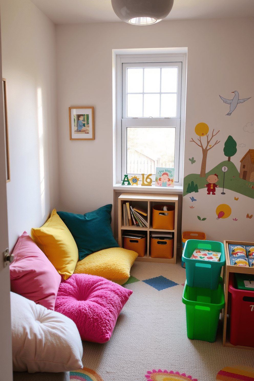 A charming reading nook filled with plush cushions in various pastel colors. Soft natural light filters through a nearby window, illuminating a small bookshelf filled with children's books. A vibrant playroom designed for creativity and fun. The walls are adorned with playful murals, and colorful storage bins are scattered throughout to keep toys organized.