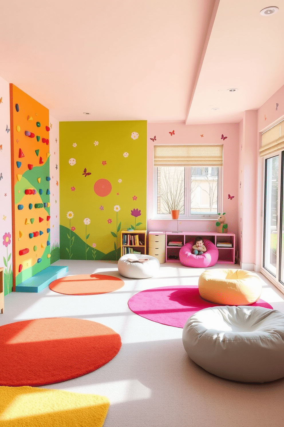 A vibrant playroom designed for spring features a colorful climbing wall that encourages active play. The walls are painted in soft pastel shades, and playful decals of flowers and butterflies adorn the space. In one corner, a cozy reading nook with plush bean bags invites children to relax. Brightly colored rugs add warmth to the floor, while large windows allow natural light to fill the room.