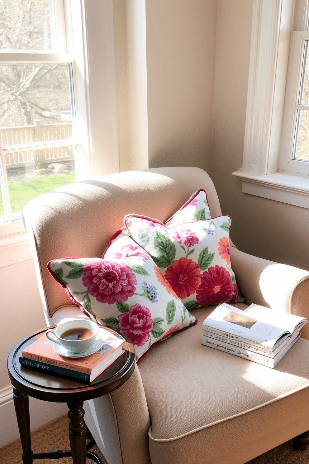 A cozy armchair is positioned in the corner of a sunlit room, adorned with vibrant floral throw pillows that add a touch of warmth. A small side table beside the chair holds a steaming cup of tea and a stack of favorite books, creating an inviting atmosphere for spring reading.