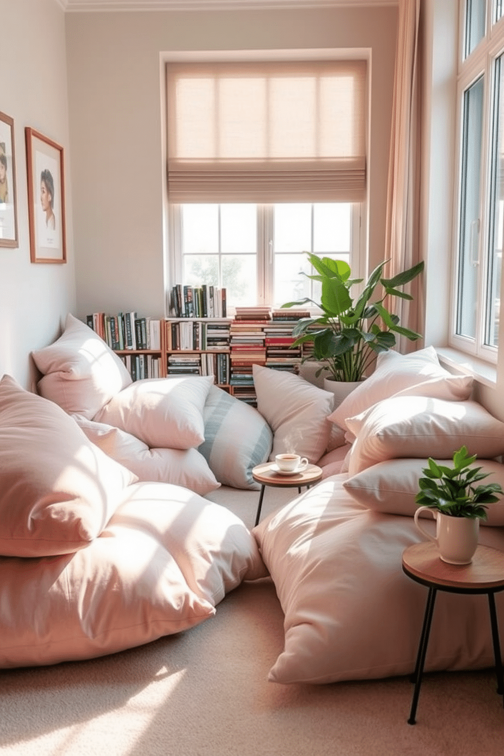 A cozy reading nook filled with oversized floor cushions in soft pastel colors. Sunlight streams through a large window, illuminating a collection of books neatly arranged on a nearby shelf. The cushions are piled high in various textures, inviting relaxation and comfort. A small side table holds a steaming cup of tea and a vibrant potted plant, adding a touch of nature to the serene space.