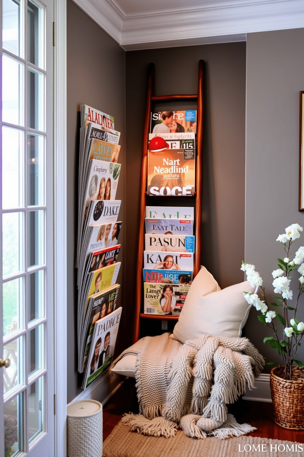 A cozy reading nook featuring a decorative ladder used to display an array of magazines. The nook is adorned with soft cushions and a plush throw blanket, creating an inviting atmosphere for spring reading.