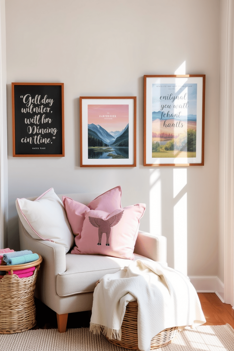 Create a cozy reading nook filled with natural light. There are plush cushions in soft pastel colors arranged on a comfortable armchair next to a small side table. On the wall, artistic prints featuring literary quotes and vibrant landscapes are framed and hung at eye level. A woven basket filled with colorful blankets sits in the corner, inviting you to curl up with a good book.