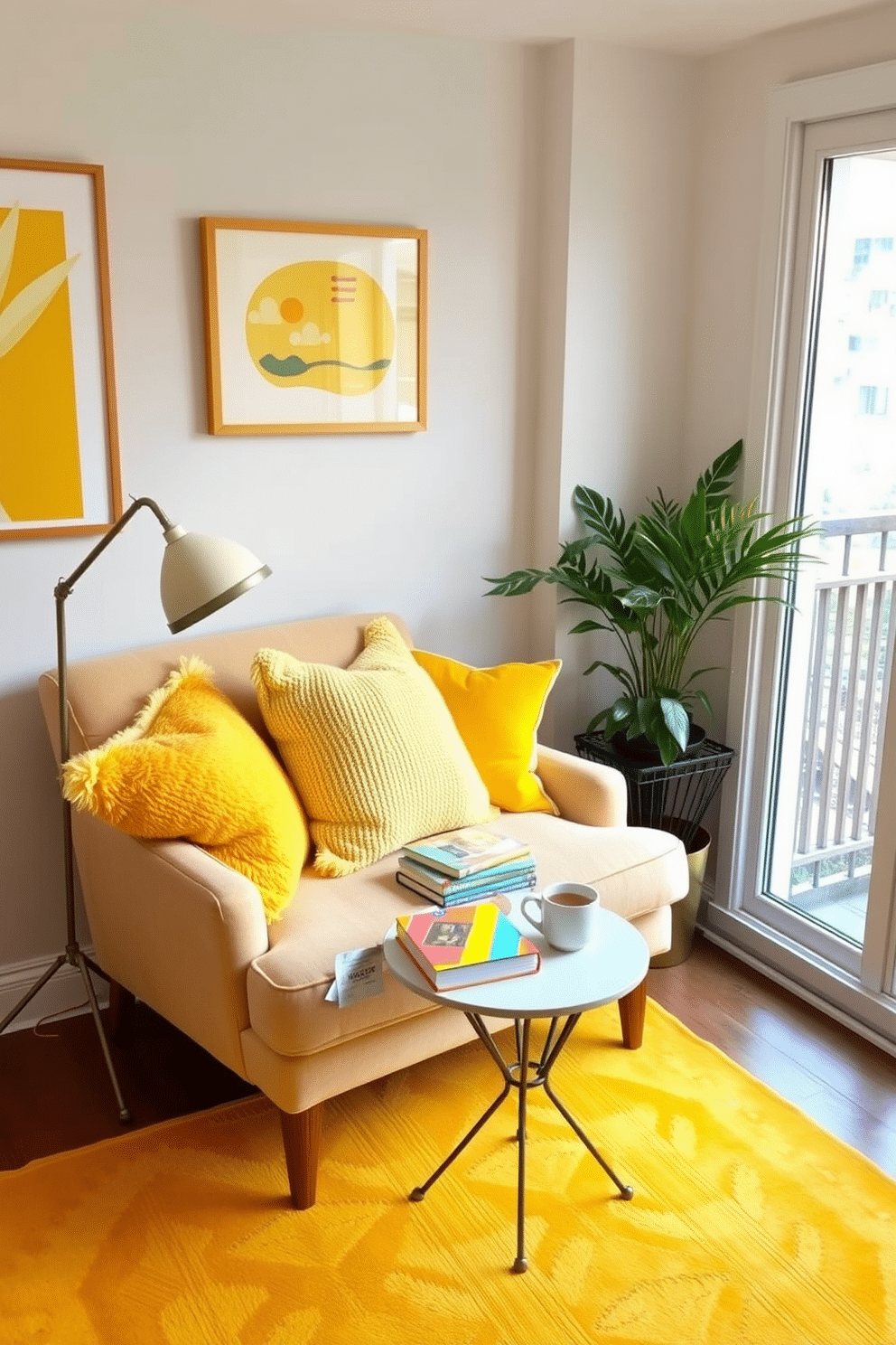 A cozy reading nook filled with sunshine yellow accents creates a cheerful and inviting atmosphere. Plush cushions in vibrant yellow hues are scattered on a comfortable armchair positioned next to a large window, allowing natural light to flood the space. A small side table holds a stack of colorful books and a steaming cup of tea, enhancing the relaxed vibe. The walls are adorned with cheerful artwork, while a soft area rug in complementary colors ties the room together.