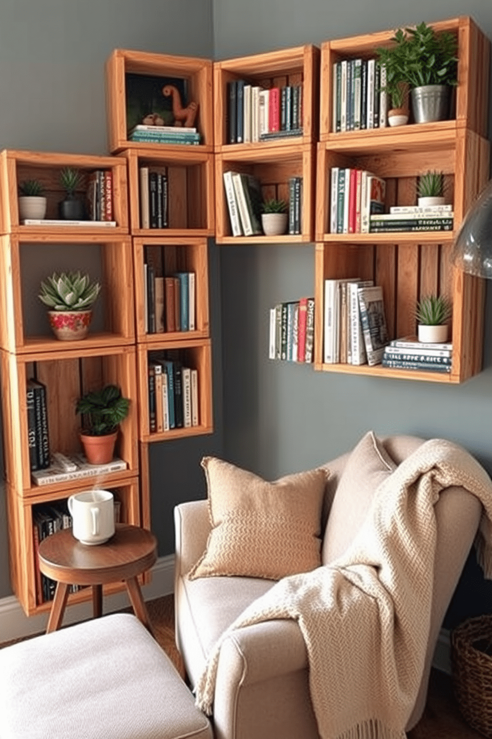 A cozy reading nook featuring repurposed wooden crates as unique shelving units. The crates are arranged in a staggered pattern on the wall, filled with an assortment of books and decorative plants. A comfortable armchair with soft cushions is placed in the corner, inviting you to relax and read. A small side table holds a steaming cup of tea and a cozy throw blanket draped over the chair.