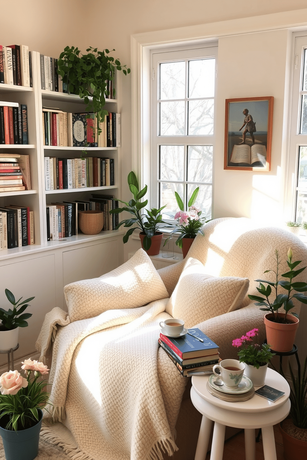 A cozy blanket is draped over a plush armchair, inviting relaxation in a sunlit corner of the room. Surrounding the chair are shelves filled with books, and a small side table holds a steaming cup of tea and a stack of favorite novels. The walls are painted in soft pastel colors, creating a serene atmosphere perfect for spring. Potted plants and fresh flowers are strategically placed to enhance the natural light and bring life to the reading nook.