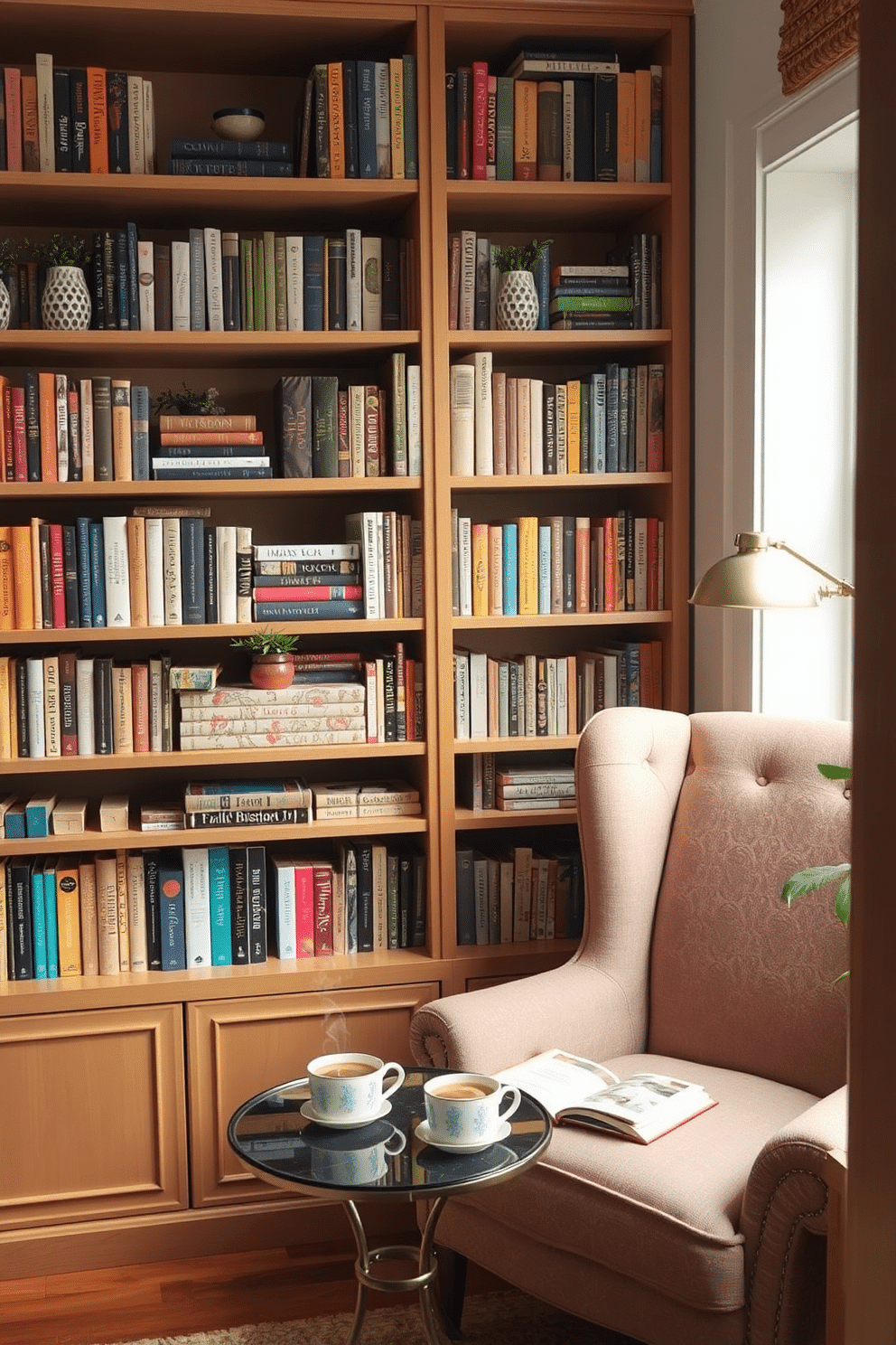 A personalized bookshelf filled with favorite titles showcases a mix of classic literature and contemporary novels. The shelves are adorned with decorative bookends and small plants, creating an inviting and stylish display. Adjacent to the bookshelf, a cozy reading nook features a plush armchair upholstered in soft fabric. A small side table holds a steaming cup of tea and a decorative lamp, providing the perfect ambiance for spring reading.