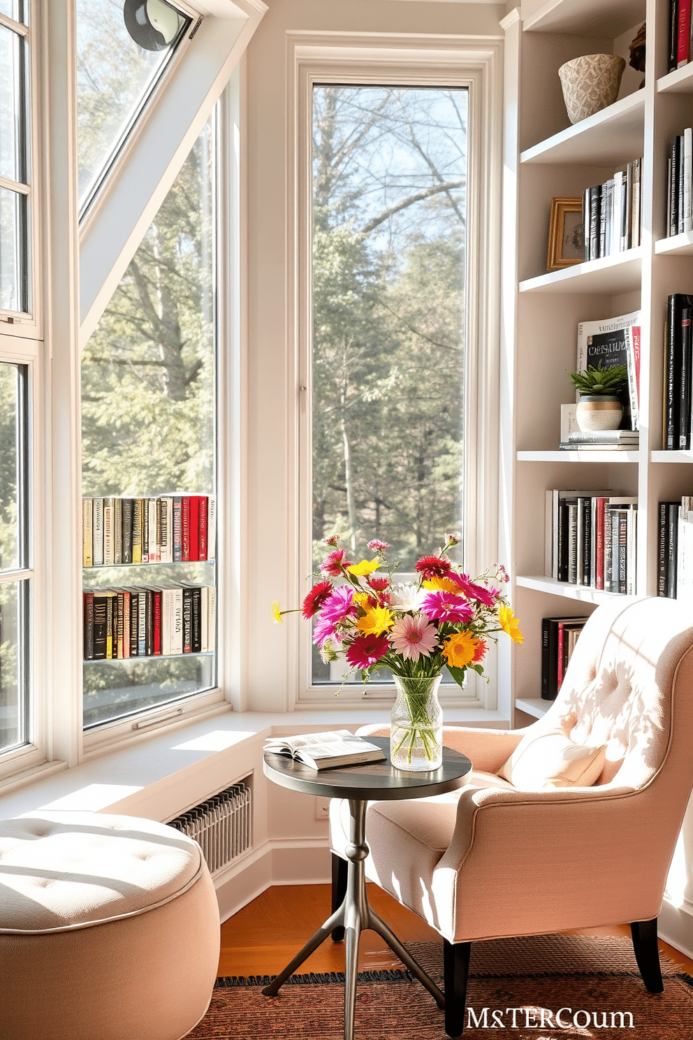 A cozy reading nook bathed in natural light. A plush armchair in soft pastel colors is positioned near a large window, accompanied by a small side table. A vase filled with seasonal flowers in vibrant hues sits on the table, adding a fresh touch. Shelves lined with books and decorative items create an inviting atmosphere, perfect for enjoying a good read.