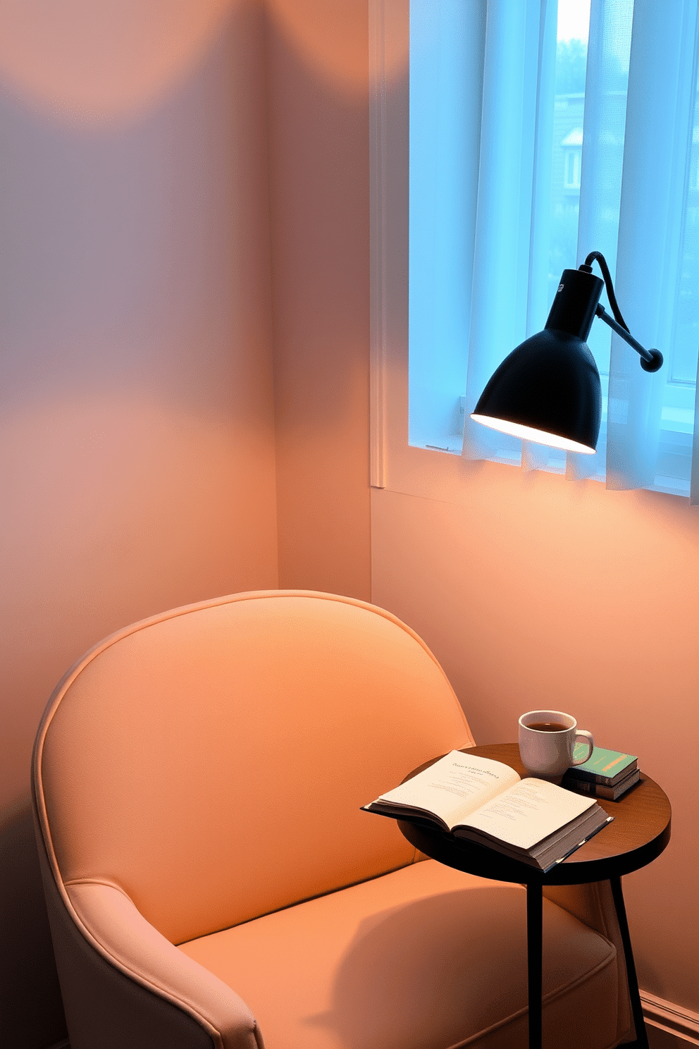 A cozy reading nook bathed in soft lighting from a stylish floor lamp. The space features a plush armchair in a pastel hue, complemented by a small side table adorned with a stack of books and a steaming cup of tea.