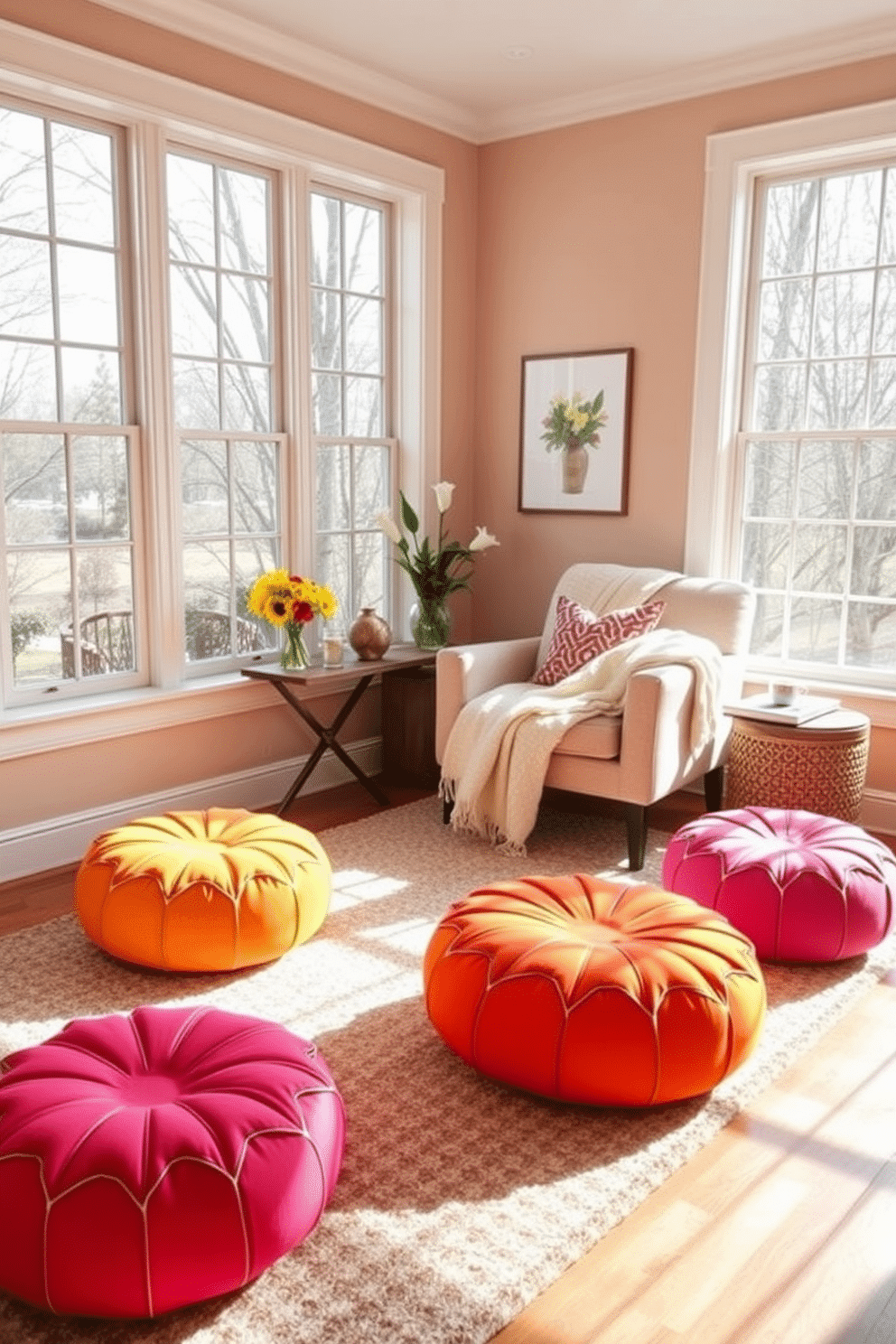 Brightly colored poufs are arranged around a cozy area rug, providing extra seating in a vibrant and inviting space. The nook features large windows that allow natural light to flood in, creating a warm atmosphere for relaxation and reading. Spring reading nook decorating ideas include a comfortable armchair draped with a soft throw blanket and a small side table for beverages. Fresh flowers in a cheerful vase add a touch of color, complementing the playful poufs and enhancing the overall spring vibe.