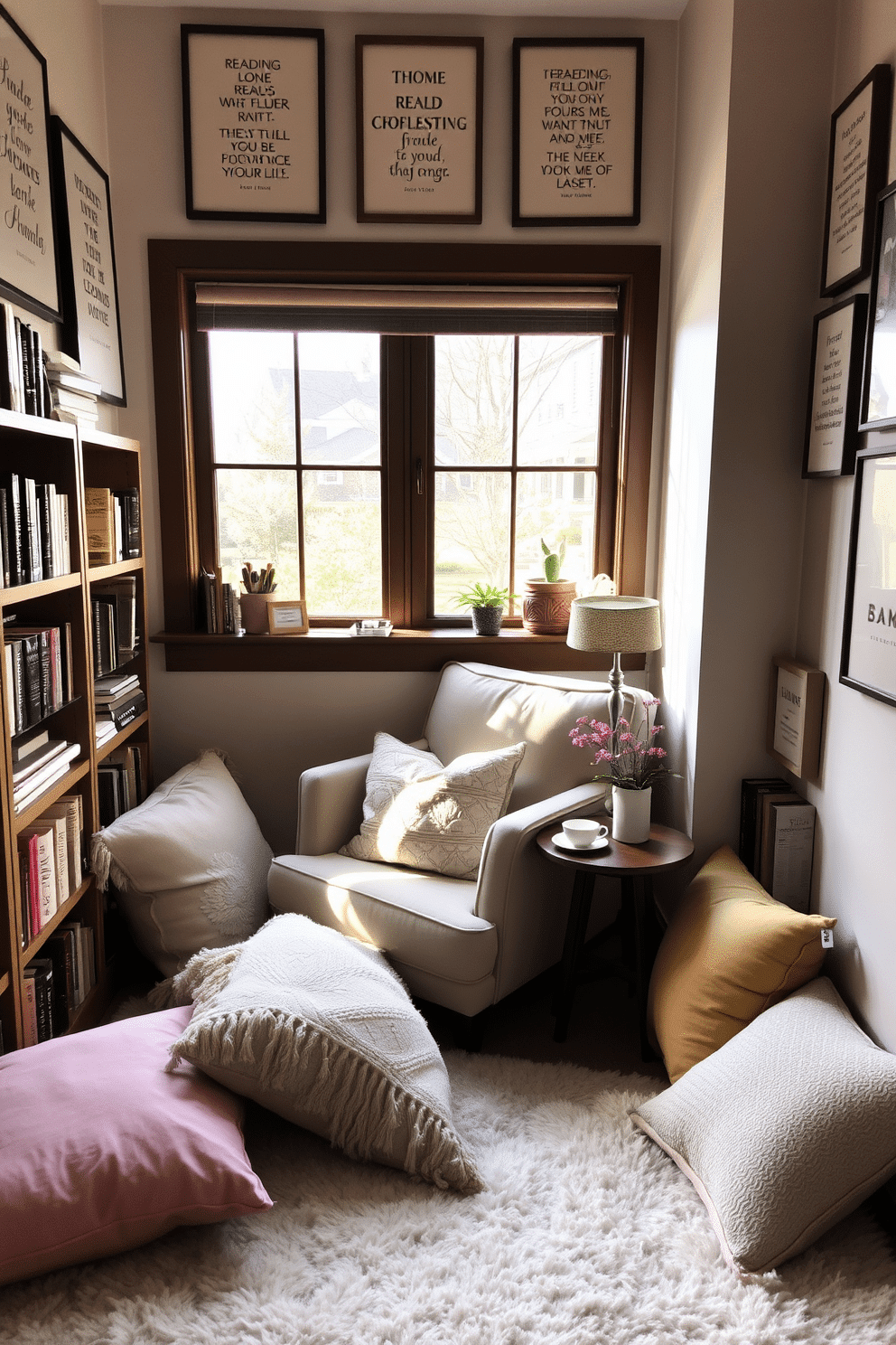 A cozy reading nook adorned with framed quotes about reading on the walls. The space features a comfortable armchair upholstered in soft fabric, surrounded by shelves filled with books and a small side table for a cup of tea. Natural light pours in through a large window, creating a warm and inviting atmosphere. Plush cushions in pastel colors are scattered on a soft area rug, enhancing the comfort of this serene retreat.