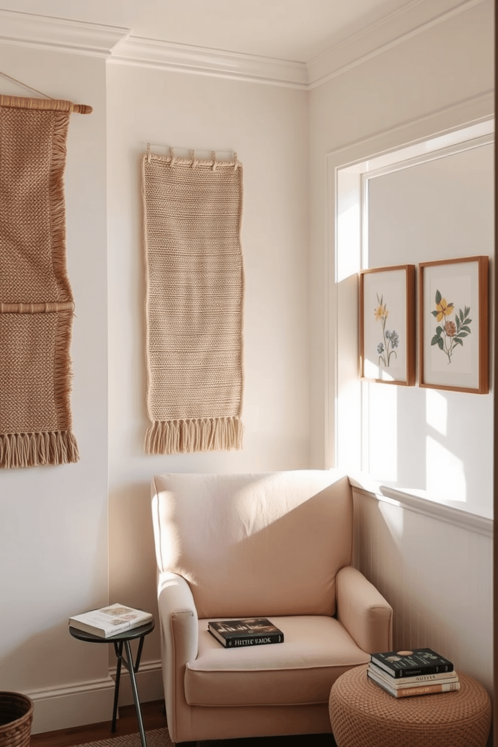 A cozy reading nook filled with natural light. A plush armchair in a soft pastel color is positioned next to a small side table stacked with books. Textured wall hangings add depth and visual interest to the space. A woven tapestry and a set of framed botanical prints create a warm and inviting atmosphere.