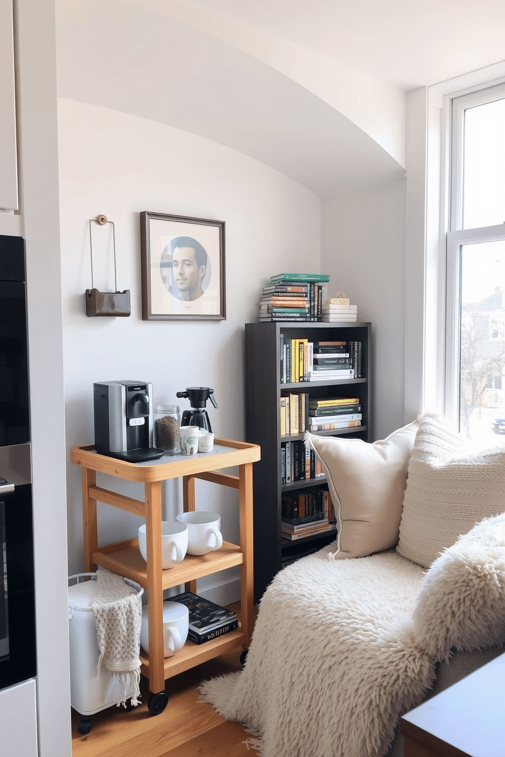 A cozy coffee station nestled in a corner of the kitchen. It features a compact espresso machine on a wooden cart with shelves for mugs and coffee supplies. A bright reading nook adorned with plush cushions and a soft throw blanket. A small bookshelf filled with colorful novels stands nearby, and a large window lets in natural light.